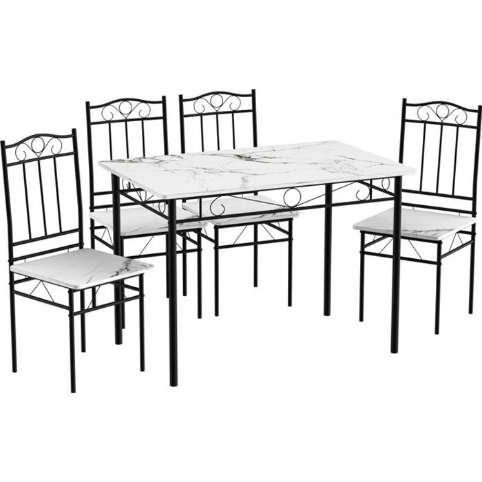 ensemble table à manger 109x 69x 75 cm et 4 chaises-marbre blanc et support en métal noir-style industriel, salle à manger, salon
